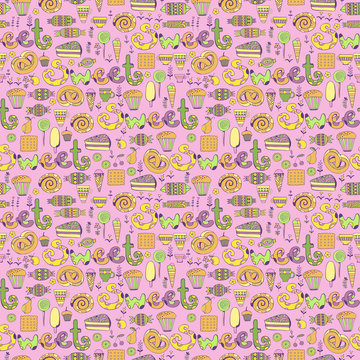 Hand drawn sweets and candies set. Colorful Vector Seamless Pattern.