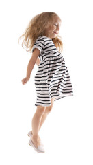 Cheerful little girl jumping on white background