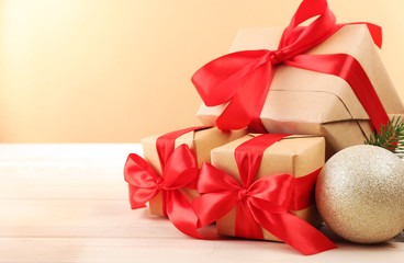 Gift boxes on wooden background