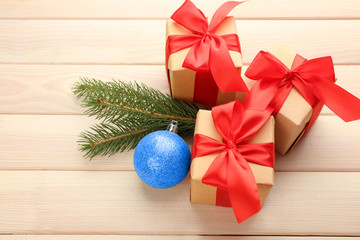 Gift boxes on wooden background