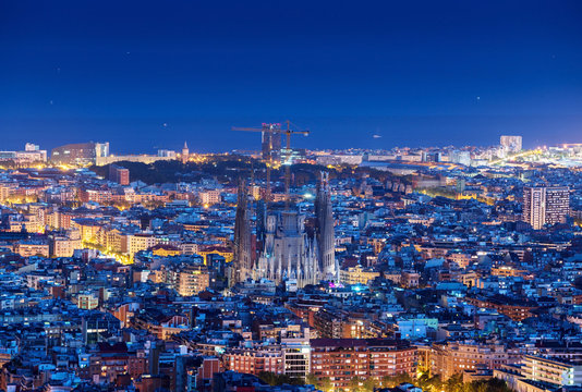 Barcelona skyline panorama at night, Spain