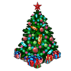 Decorated Christmas tree with toys and gifts