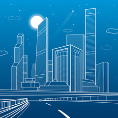 Highway. Business center, architecture and urban illustration, neon city, white lines composition, skyscrapers and towers, vector design art