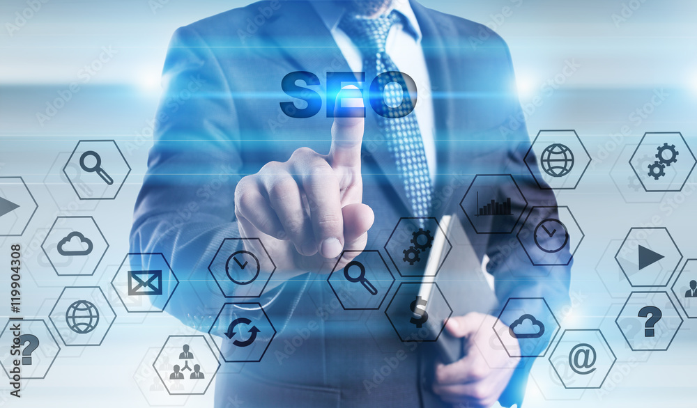 Sticker businessman is pressing button on touch screen interface and selecting 