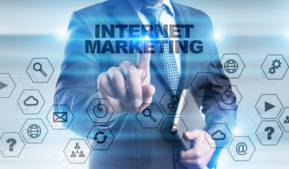 Businessman is pressing button on touch screen interface and selecting 