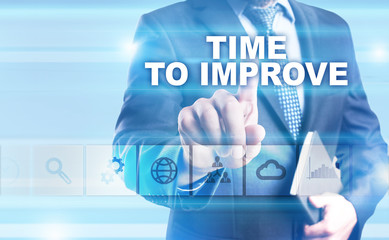 Businessman is pressing button on touch screen interface and selecting 