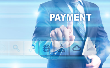 Businessman is pressing button on touch screen interface and selecting 