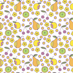 Set of colorful cartoon fruits : apple, pear, orange, cherry, lemon. Colorful Seamless Pattern.