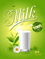 Glass of milk and a package on a natural green background