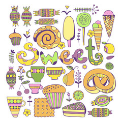 Hand drawn sweets and candies set. Colorful Vector illustration.
