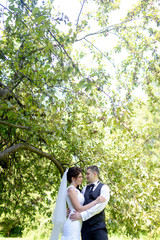 Fototapeta premium Wedding couple on the nature is hugging each other. Beautiful model girl in white dress. Man in suit. Beauty bride with groom. Female and male portrait. Woman with lace veil. Lady and guy outdoors