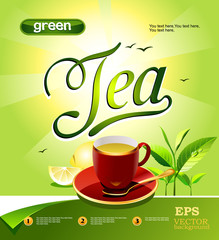 Сup of green tea with lemon on a bright background