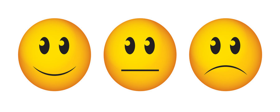 Happy, straight face and sad emoticon. Buttons to vote on survey. 