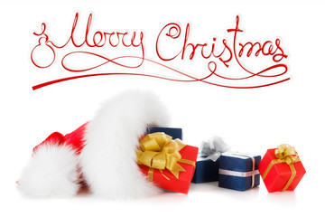 Merry Christmas text, red santa hat with gift