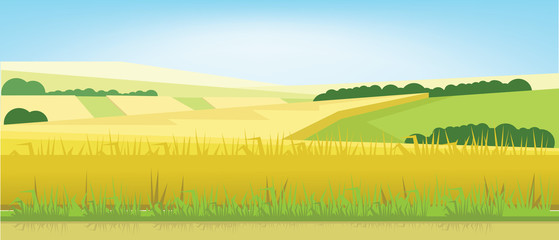 Vector abstract green landscape with yellow fields, hills and roads, flat zigzag style.