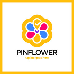 Flower check pin logo. Travel beauty logotype