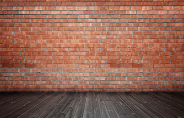 Rendering of interior with red brick wall and wooden floor.