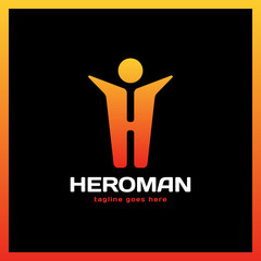 Hero Man Logo - Letter H. Hand Up Men Logotype.