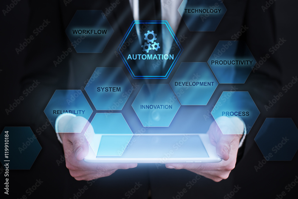 Poster businessman is pressing button on touch screen interface and selecting 