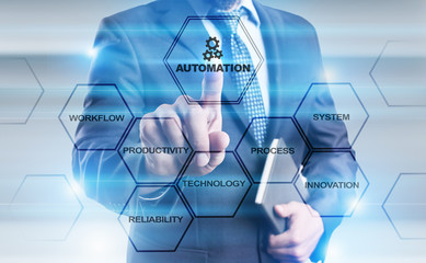 Businessman is pressing button on touch screen interface and selecting 