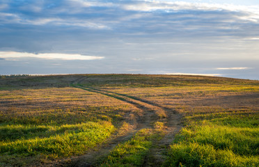 Fototapeta na wymiar Sunset light in the field road. Belarus.