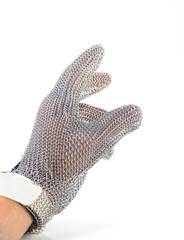 Iron mesh glove / Hand with iron mesh glove on white background. Protection devices for industrial applications.