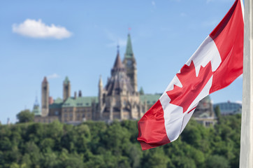 Canadian flag waving with Parliament Buildings hill and Library - obrazy, fototapety, plakaty