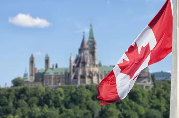 Printed roller blinds Canada Canadian flag waving with Parliament Buildings hill and Library