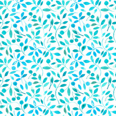 Fototapeta na wymiar floral seamless pattern with turquoise branches and berries.watercolor hand drawn illustration.white background.