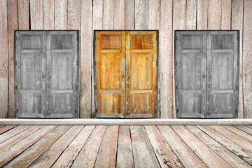 concept door to success. The three wooden doors in the room.