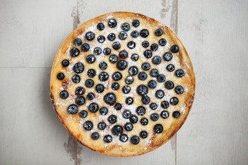 Obraz na płótnie Canvas Macro homemade blueberry pie on wooden surface