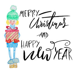 Watercolor girl holding gift box with handwritten inspiration. Wish you a merry Christmas and happy new year lettering