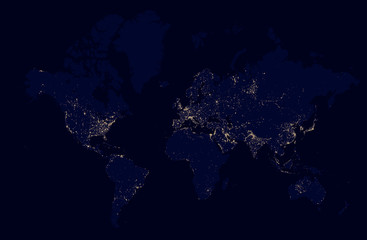 Fototapeta premium Szczegółowa nocna mapa świata ze światłami miast