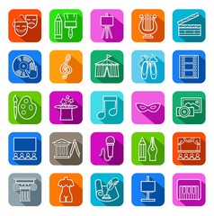 Art & culture, icons, contour, colored. Vector contour icons attributes of culture and art. White image on a colored background with a shadow. 