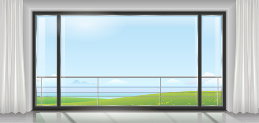 Fototapeta na wymiar Room hotel or house, apartment, with a huge panoramic window, a door and a view of the sea bay or ocean. Vector graphics