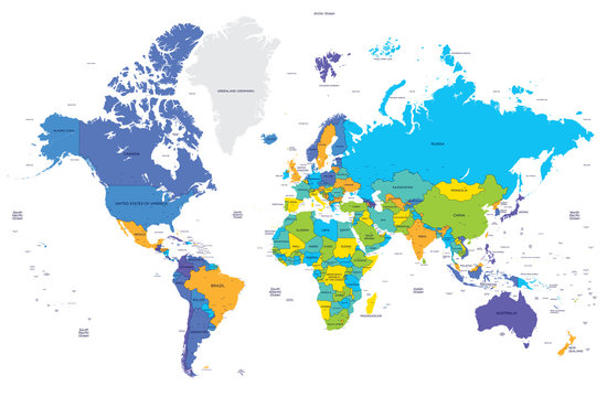 High detailed color world map. Сapital and big cities. Vector