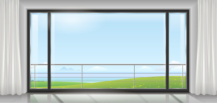 Room hotel or house, apartment, with a huge panoramic window, a door and a view of the sea bay or ocean. Vector graphics