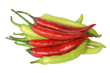 Red and green peppers on a white background.