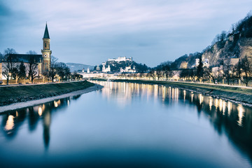 Beautiful illuminated cityscape over Salzburg, Austria