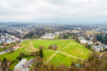 Beautiful aerial view on rooftops of Salzburg,Austria in cloudy