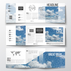 Fototapeta na wymiar Set of tri-fold brochures, square design templates. Beautiful blue sky, abstract geometric background with white clouds, leaflet cover, business layout, vector illustration.
