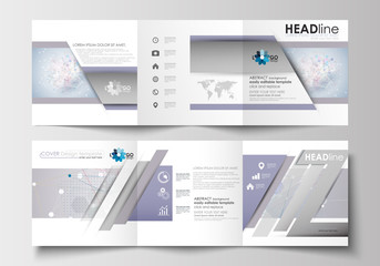 Business templates for tri-fold brochures. Square design. Leaflet cover, flat layout, easy editable blank. Molecule structure on blue background. Science, healthcare, medical vector.