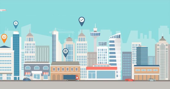 City skyline, traffic and navigation markers, transportation and travel destinations concept