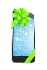 Black phone with green bow and blue screen. 3D rendering.