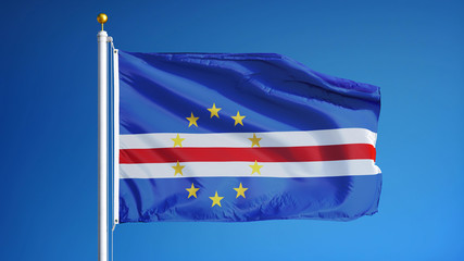 Cape Verde flag waving against clean blue sky, close up, isolated with clipping path mask alpha channel transparency