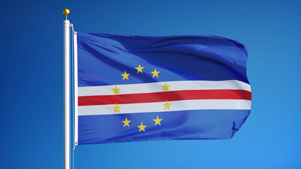 Cape Verde flag waving against clean blue sky, close up, isolated with clipping path mask alpha channel transparency
