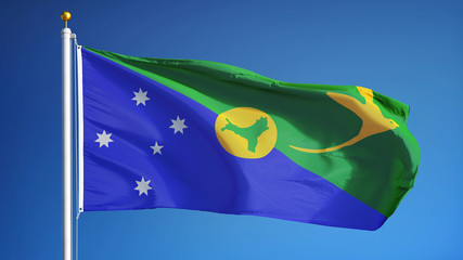Christmas Island flag waving against clean blue sky, close up, isolated with clipping path mask alpha channel transparency with black and white  matte