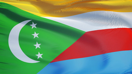 Comoros flag waving against clean blue sky, close up, isolated with clipping path mask alpha channel transparency