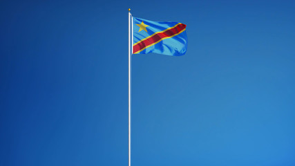 Naklejka premium Democratic Republic of the Congo flag waving against clean sky, long shot, isolated with clipping path mask alpha channel transparency, for film, news, digital composition