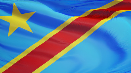 Democratic Republic of the Congo flag waving against clean sky, close up, isolated with clipping path mask alpha channel transparency, for film, news, digital composition